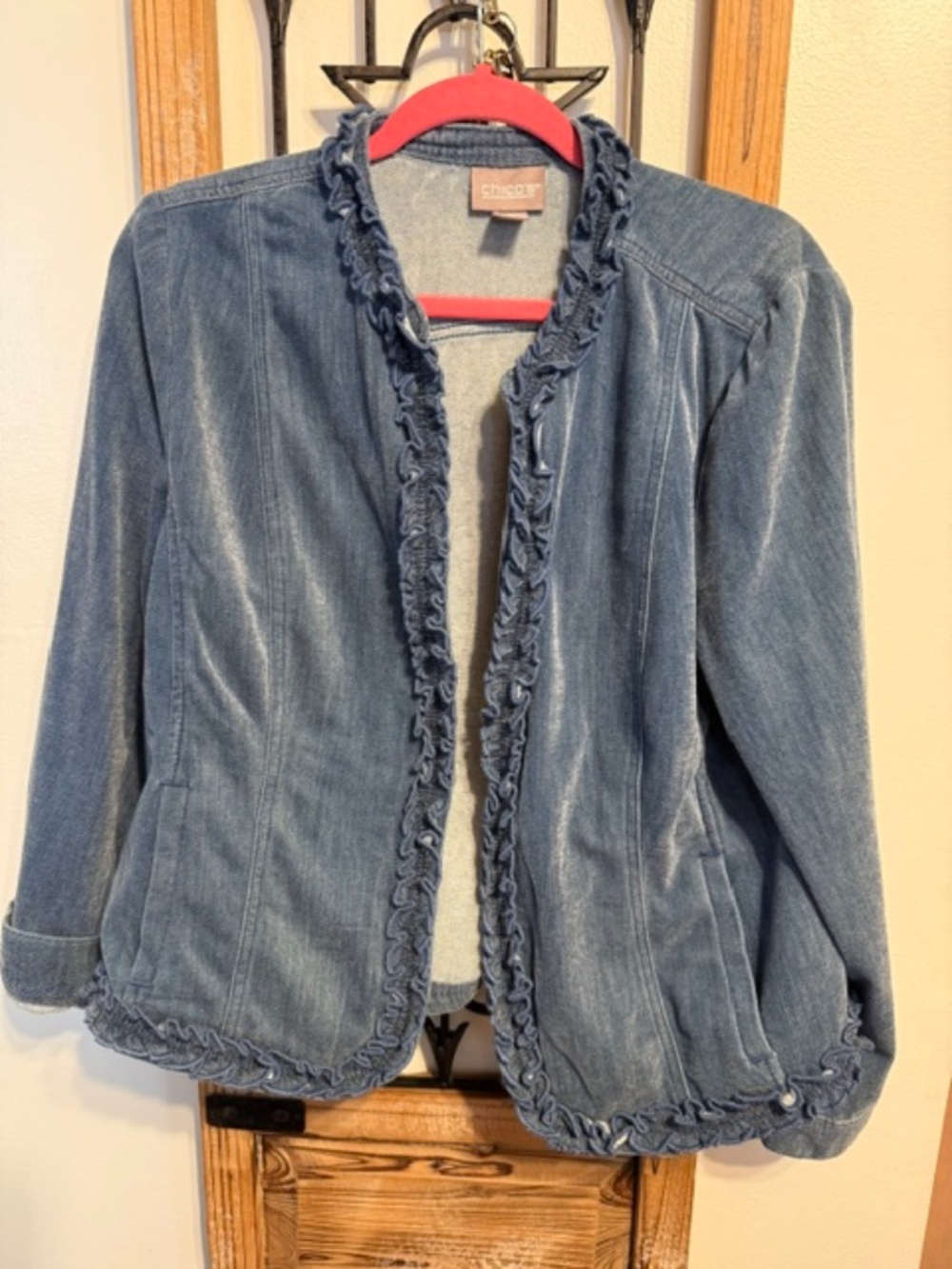 Chicos Ruffled Blue Denim Blazer Jacket